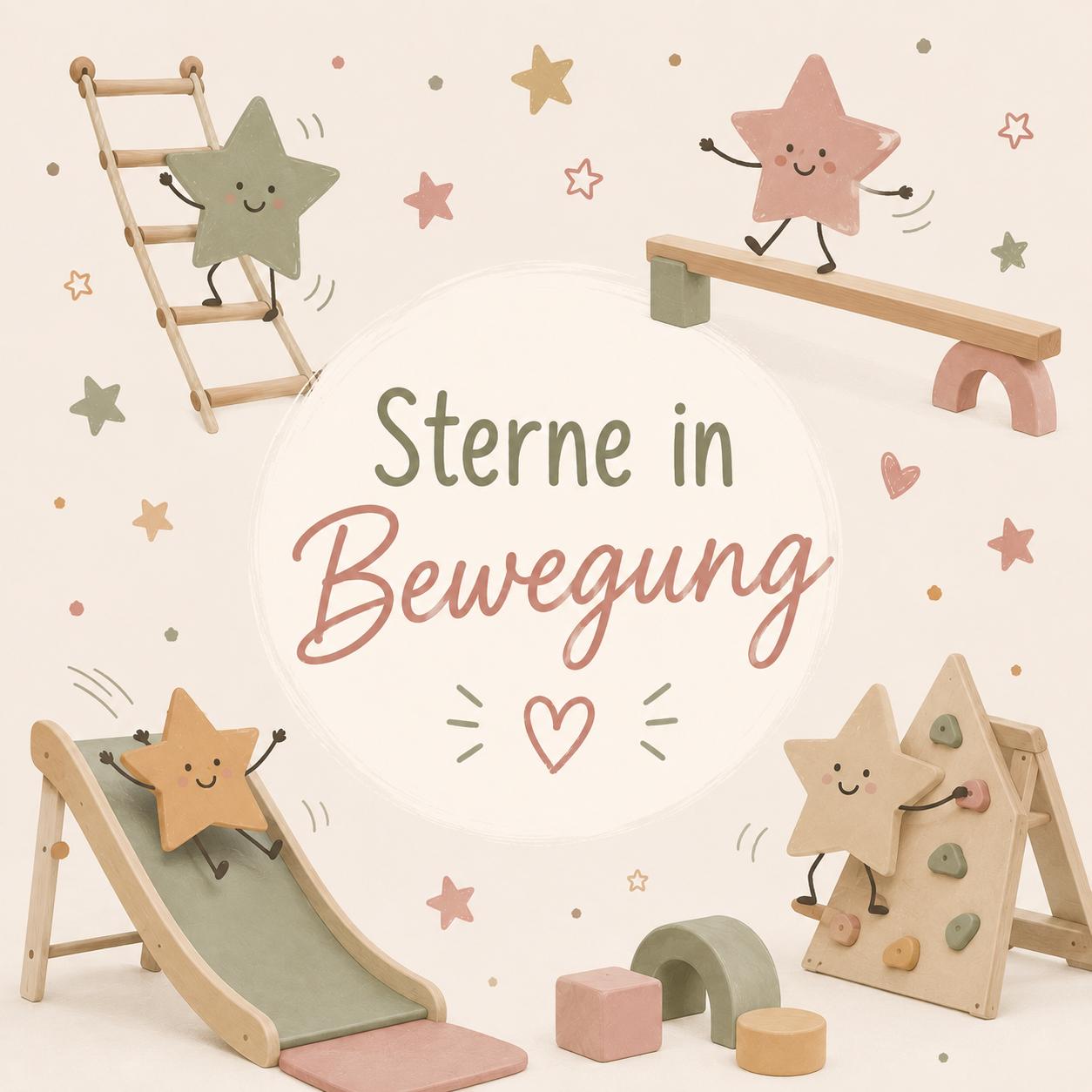 Illustration „Sterne in Bewegung“: fröhliche Sterne klettern, rutschen und balancieren
