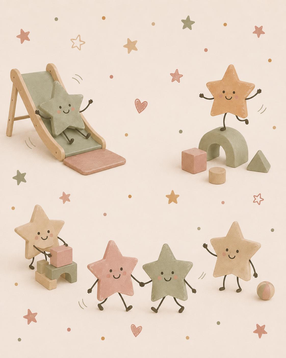 Illustration fröhlicher Sterne, die mit Holzbausteinen, Rutsche und Ball spielen