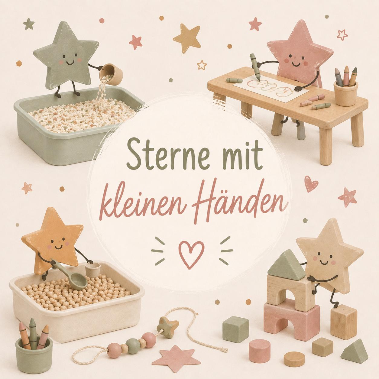 Illustration „Sterne mit kleinen Händen“ mit Sternfiguren, Sensorikwannen, Bausteinen und Malstiften