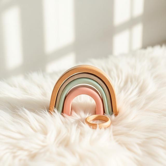 Holz-Regenbogen auf einem cremefarbenen Teppich